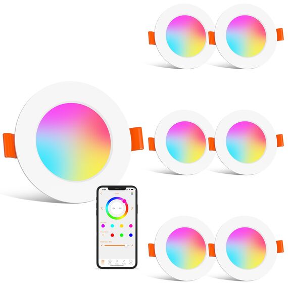 HYDONG Smart LED Einbaustrahler Flach 8W LED Spots 230V, IP44 Bad Einbauleuchten 68mm Kompatibel mit Alexa, Warmweiß & RGB Bluetooth Deckenspots Farbwechsel für Wohnzimmer Schlafzimmer Küche, 6er Set