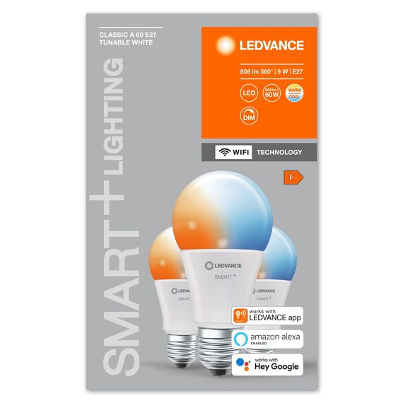 Ledvance Smarte LED-Lampe mit WiFi Technologie, Sockel E27, Dimmbar, Lichtfarbe änderbar (2700-6500K), ersetzt Glühlampen mit 60 W, SMART+ WiFi Classic Tunable White, 3er-Pack