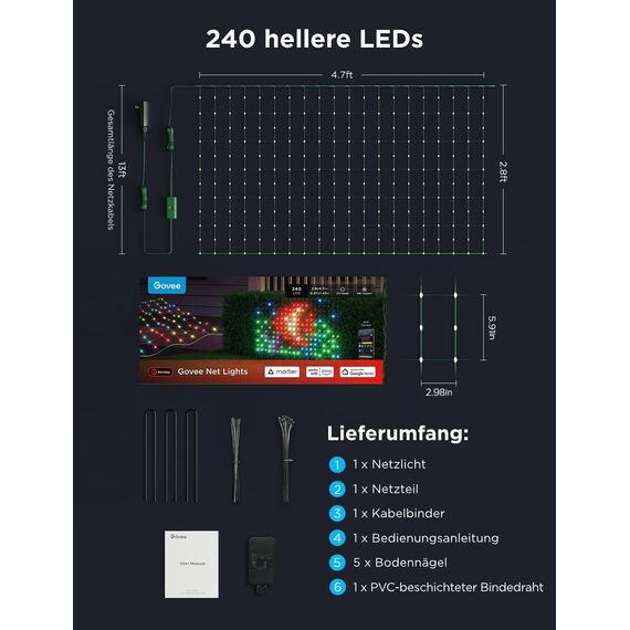 Govee Lichterkette Netz für Büsche mit 240 LEDs, 0.87×1.45M Smart Lichternetz Außen mit Vielfältige Modi, DIY Funktion für Strauch, Rasen Dekor, IP67 Wasserdicht mit Alexa, Google Assistant