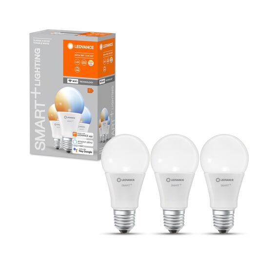 Ledvance Smarte LED-Lampe mit WiFi Technologie, Sockel E27, Dimmbar, Lichtfarbe änderbar (2700-6500K), ersetzt Glühlampen mit 60 W, SMART+ WiFi Classic Tunable White, 3er-Pack