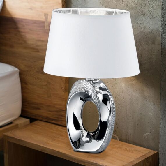 Reality Leuchten Taba R50511089 Tischleuchte, Keramik, Stoffschirm Weiß/Silberfarbig, Höhe 33cm