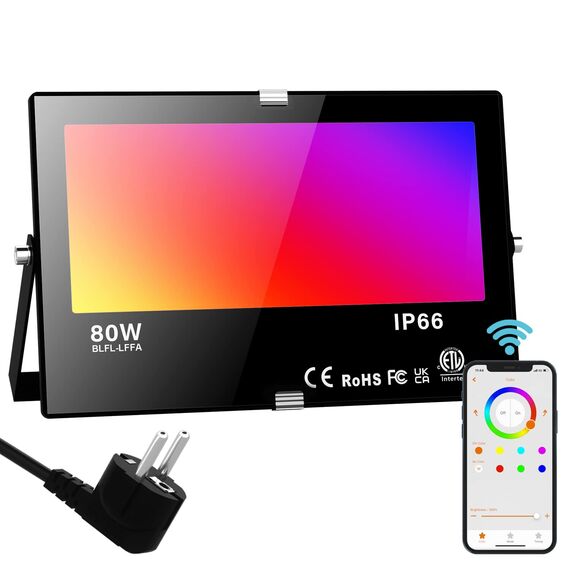 RGB LED Strahler Außen 80W Bluetooth APP Steuerung Fluter Beleuchtung Outdoor, 2700K&Million Farben Dimmbar Smart Flutlichtstrahler IP66 Wasserdicht Außenstrahler Flutlicht Garten Stimmungslichter 1