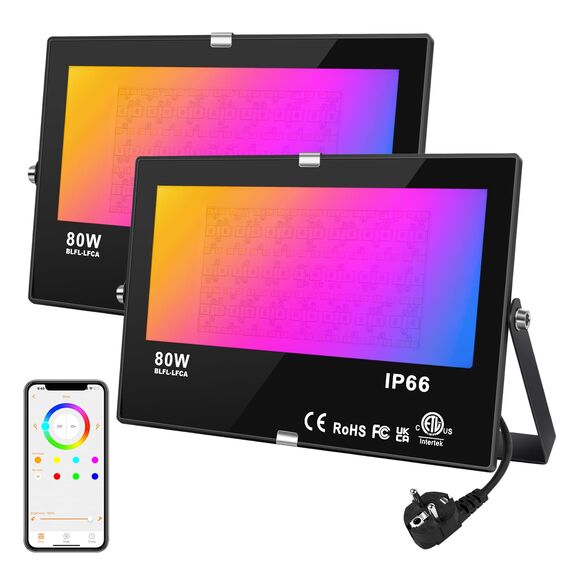 DUSKTEC LED Strahler RGB mit Stecker Dimmbar, Außenstrahler Bunt 80W 2 Stück, Outdoor LED Fluter Warmweiss 230V, Smart Flutlicht Flutlichtstrahler Bluetooth APP Steuerbar für Baum Garten Innen