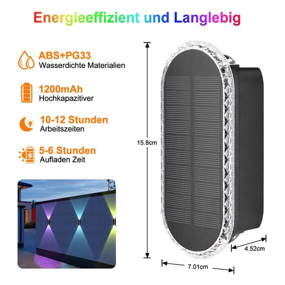 ELLASAY Solarlampen für Außen,RGB Solar Wandleuchte Up and Down Leuchten Aussen IP65 Wasserdicht,7 Farben Heller Solarleuchten für Garten Kabellos für Hof Garten Haus Deck Porch Zaun 4 Pack