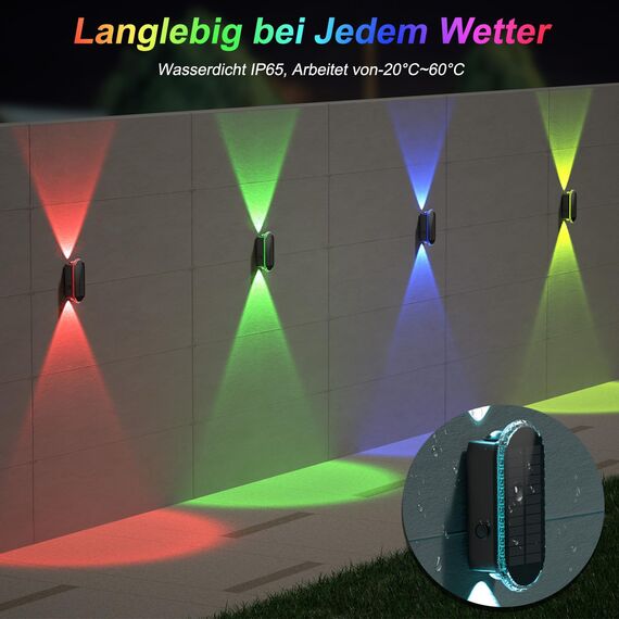 ELLASAY Solarlampen für Außen,RGB Solar Wandleuchte Up and Down Leuchten Aussen IP65 Wasserdicht,7 Farben Heller Solarleuchten für Garten Kabellos für Hof Garten Haus Deck Porch Zaun 4 Pack