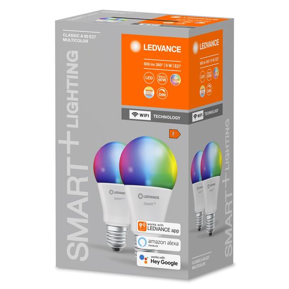 Ledvance Smarte LED-Lampe mit WiFi Technologie, Sockel E27, Dimmbar, Lichtfarbe änderbar (2700-6500K), RGB Farben änderbar, ersetzt Glühlampen mit 60 W, SMART+ WiFi Classic Multicolour, 2er-Pack