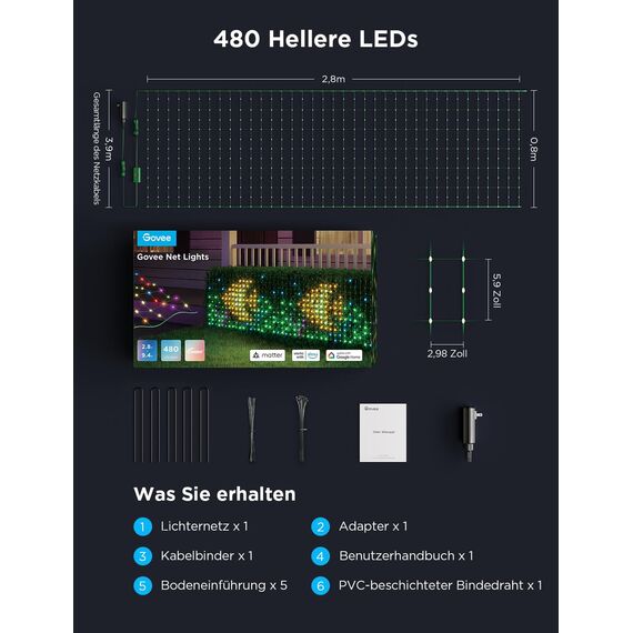 Govee Lichterkette Netz für Büsche mit 480 LEDs, 0.87×2.9M Smart Lichternetz Außen mit Vielfältige Modi, DIY Funktion für Strauch, Rasen Dekor, Kompatibel mit Matter Alexa, IP67 Wasserdicht