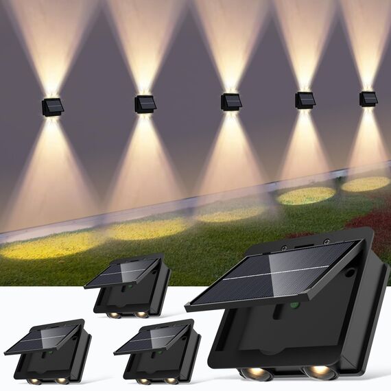 Talwei Solar Wandleuchte Aussen Up and Down Leuchten Solarleuchte für Außen Warmweiß Led Beleuchtung Wasserdichte Wandleuchte Wand kabellos Wasserdichte Zaun (4, 4 LEDs)