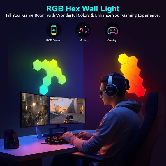 MeRGBW-Home 12 Pcs Hexagon LED Panels, Sechseck Gaming Deko LED Wandleuchte, Musik Sync, APP-Kontrolle, Fernbedienungen, Sechseck Waben Wall Lights Gaming Zubehör Hexa Lampe Smart Zuhause Wand Deko