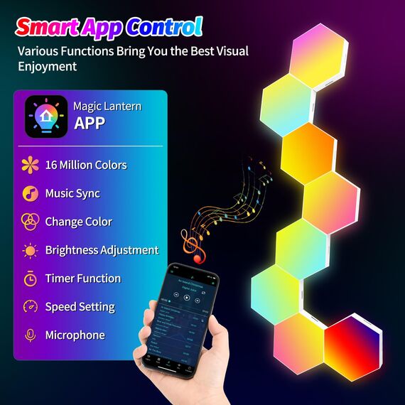 MeRGBW-Home 8 Pcs Hexagon LED Panels, Sechseck Gaming Deko LED Wandleuchte, Musik Sync, APP-Kontrolle, Fernbedienungen, Sechseck Waben Wall Lights Gaming Zubehör Hexa Lampe Smart Zuhause Wand Deko