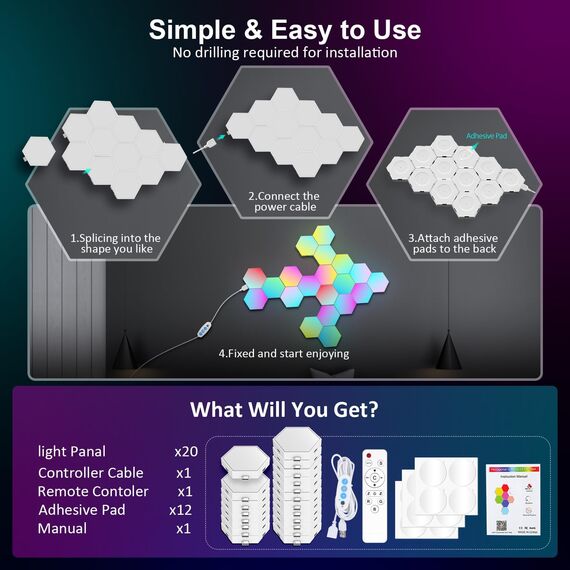 MeRGBW-Home 20 Pcs Hexagon LED Panels, Sechseck Gaming Deko LED Wandleuchte, Musik Sync, APP-Kontrolle, Fernbedienungen, Sechseck Waben Wall Lights Gaming Zubehör Hexa Lampe Smart Zuhause Wand Deko