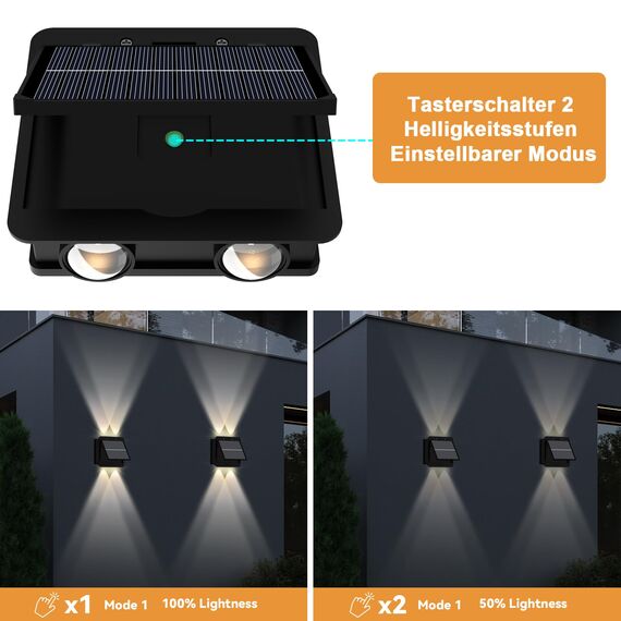 Talwei Solar Wandleuchte Aussen Up and Down Leuchten Solarleuchte für Außen Warmweiß Led Beleuchtung Wasserdichte Wandleuchte Wand kabellos Wasserdichte Zaun (4, 4 LEDs)