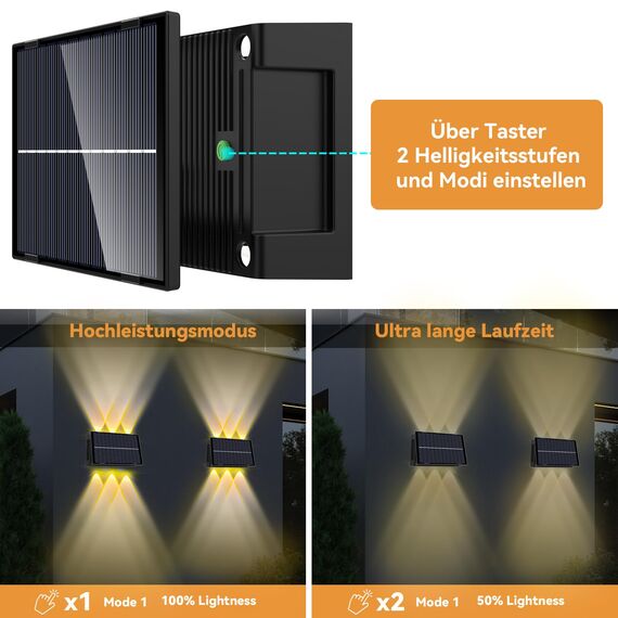 Talwei Solar Wandleuchte Aussen Up and Down Leuchten Solarleuchte für Außen Warmweiß Led Beleuchtung Wasserdichte Wandleuchte Wand kabellos Wasserdichte Zaun (2, 6 LEDs)
