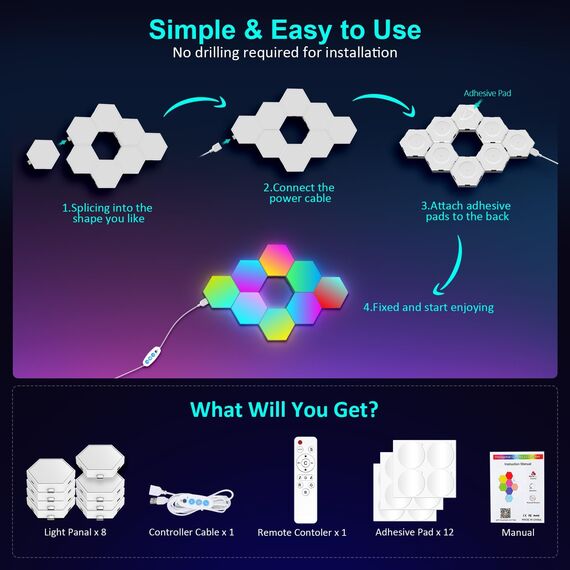 MeRGBW-Home 12 Pcs Hexagon LED Panels, Sechseck Gaming Deko LED Wandleuchte, Musik Sync, APP-Kontrolle, Fernbedienungen, Sechseck Waben Wall Lights Gaming Zubehör Hexa Lampe Smart Zuhause Wand Deko