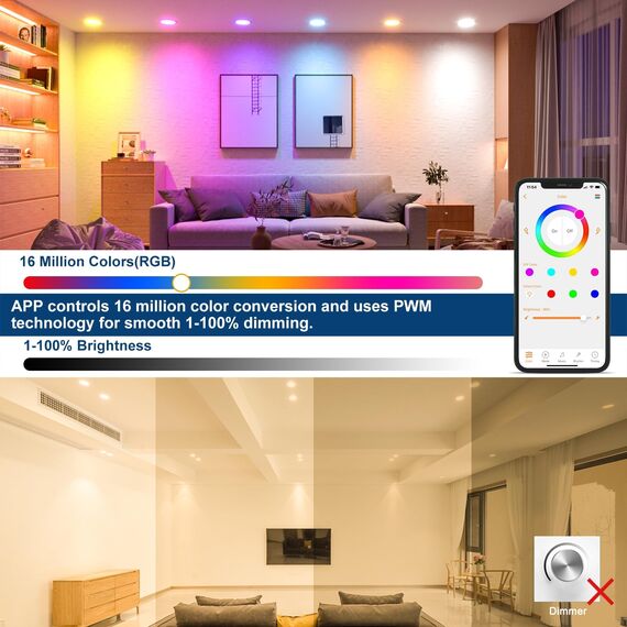 HYDONG Smart LED Einbaustrahler Flach 8W LED Spots 230V, IP44 Bad Einbauleuchten 68mm Kompatibel mit Alexa, Warmweiß & RGB Bluetooth Deckenspots Farbwechsel für Wohnzimmer Schlafzimmer Küche, 6er Set