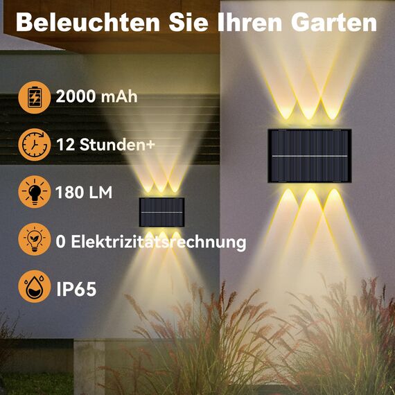 Talwei Solar Wandleuchte Aussen Up and Down Leuchten Solarleuchte für Außen Warmweiß Led Beleuchtung Wasserdichte Wandleuchte Wand kabellos Wasserdichte Zaun (2, 6 LEDs)