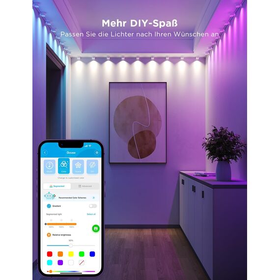 Govee Smart RGBIC Wandleuchte Innen, WiFi Wandlampe Kompatibel mit Alexa für Party, Musik Sync, Wandleuchte Dimmbar Innenbeleuchtung für Wohnzimmer, Weiß, 3M