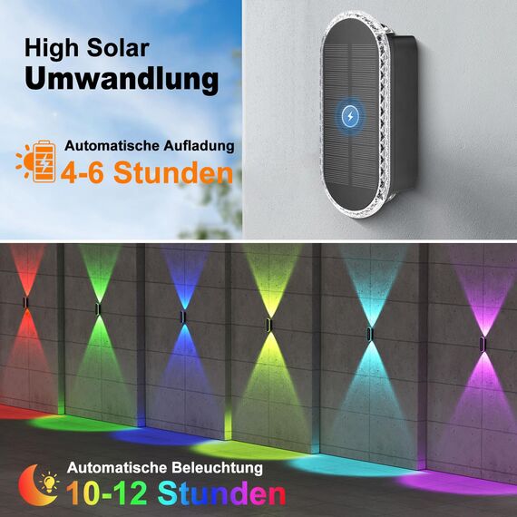 ELLASAY Solarlampen für Außen,RGB Solar Wandleuchte Up and Down Leuchten Aussen IP65 Wasserdicht,7 Farben Heller Solarleuchten für Garten Kabellos für Hof Garten Haus Deck Porch Zaun 4 Pack