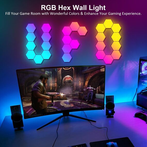 MeRGBW-Home 20 Pcs Hexagon LED Panels, Sechseck Gaming Deko LED Wandleuchte, Musik Sync, APP-Kontrolle, Fernbedienungen, Sechseck Waben Wall Lights Gaming Zubehör Hexa Lampe Smart Zuhause Wand Deko