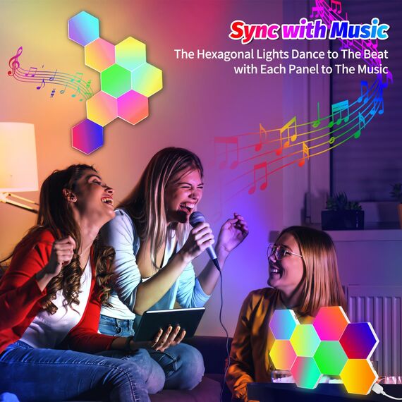 MeRGBW-Home 8 Pcs Hexagon LED Panels, Sechseck Gaming Deko LED Wandleuchte, Musik Sync, APP-Kontrolle, Fernbedienungen, Sechseck Waben Wall Lights Gaming Zubehör Hexa Lampe Smart Zuhause Wand Deko