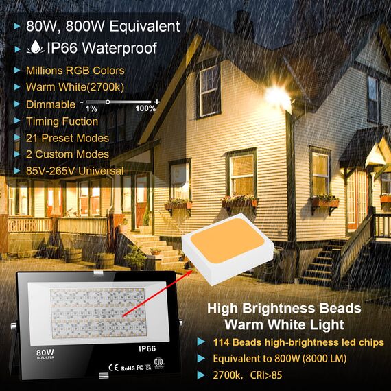 RGB LED Strahler Außen 80W Bluetooth APP Steuerung Fluter Beleuchtung Outdoor, 2700K&Million Farben Dimmbar Smart Flutlichtstrahler IP66 Wasserdicht Außenstrahler Flutlicht Garten Stimmungslichter 2