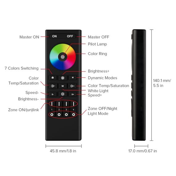 SEZO RC03RFB RGB RGBW RGBCCT 2.4G RF Wireless Fernbedienung 4-Zone Group Control Mehrere Farbmodi Kompatibel mit WB5 C03W C03RF C04W C04RF C05W C05RF Controller (keine 2PCS AAA Batterien)