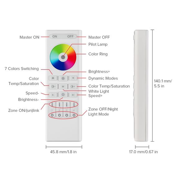 SEZO RC03RFW RGB RGBW RGBCCT 2.4G RF Wireless Fernbedienung 4-Zone Group Control Mehrere Farbmodi Kompatibel mit WB5 C03W C03RF C04W C04RF C05W C05RF LED Controller (keine 2PCS AAA Batterien)