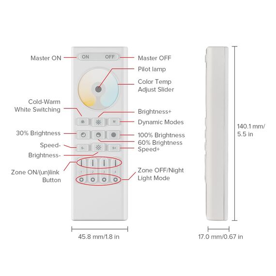 SEZO RC02RFW CCT 2.4G RF Wireless Fernbedienung 4-Zone Group Control Kompatibel mit WB5 C02W C02RF Helligkeit Farbtemperatur Einstellbar LED Controller 30M Steuerdistanz (Keine 2PCS AAA Batterien)
