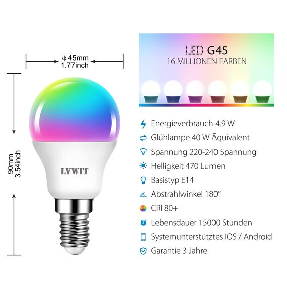LVWIT Alexa Glühbirne E14 Tropfenform, 5W Smart LED Bunte Dimmbare Wifi Lampe 470LM, Kompatibel mit Alexa und Google Home, 2700K-6500K RGB E14 LED Smart, kein Hub erforderlich, 6 Stück