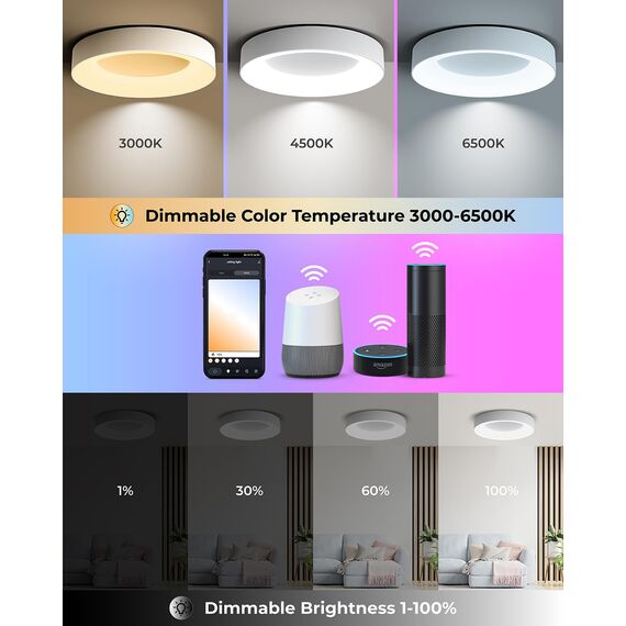 Matane Smart LED Deckenleuchte RGB Farbwechsel Dimmbar, 24W Deckenlampe mit APP Steuerung, 3000K-6500K Lampen Kompatibel mit Alexa, für Jugendzimmer Wohnzimmer Schlafzimmer Kinderzimmer Rund Weiß 28cm
