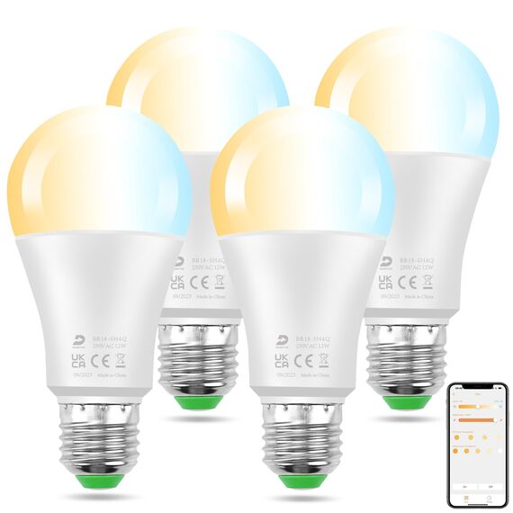 DUSKTEC Smart Glühbirne E27, Alexa LED Lampe Warmweiss und Kaltweiss 2700K-6000K Dimmbar per APP, LED Birnen Bluetooth 1000LM 12W, Leuchtmittel Tunable White, Intelligente Light Bulbs, 4 Stück