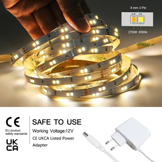 Led Strip 20m, Streifen 2700K-6500K 12V Lichtband Kaltweiß Warmweiß Flexibel DIY, Smart Selbstklebend Mit Fernbedienung und APP, Dimmbar, für Küche, Party, Schlafzimmer