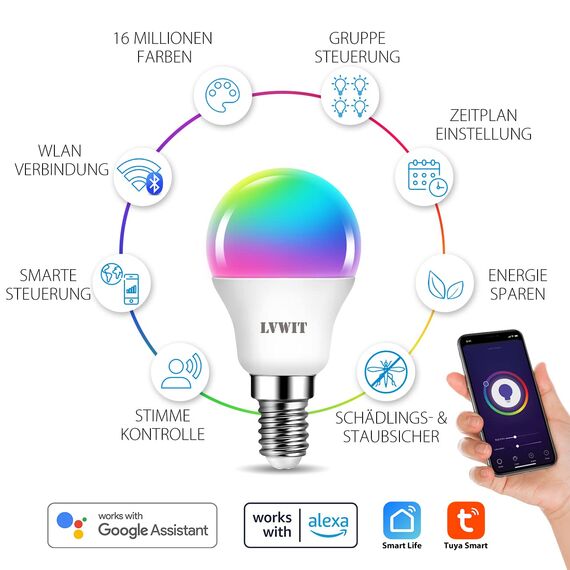LVWIT Alexa Glühbirne E14 Tropfenform, 5W Smart LED Bunte Dimmbare Wifi Lampe 470LM, Kompatibel mit Alexa und Google Home, 2700K-6500K RGB E14 LED Smart, kein Hub erforderlich, 6 Stück