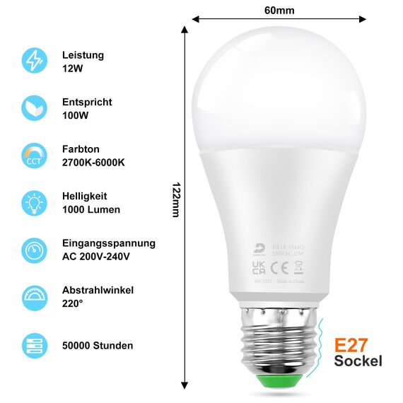 DUSKTEC Alexa Glühbirne E27, Smart LED Birnen Warmweiss und Kaltweiss 12W 1000LM Dimmbar mit APP steuerung, Bluetooth Leuchtmittel, Intelligente LED Lampe, Hell Light Bulb Glühlampen, 2 Stück