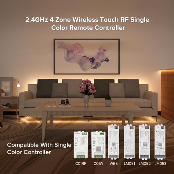 SEZO RC01RFW Dimming 2.4G RF Wireless Fernbedienung 4-Zone Group Control Kompatibel mit WB5 C01W C01RF Helligkeit Einstellbar LED Controller 30M Steuerdistanz (Keine 2PCS AAA Batterien)
