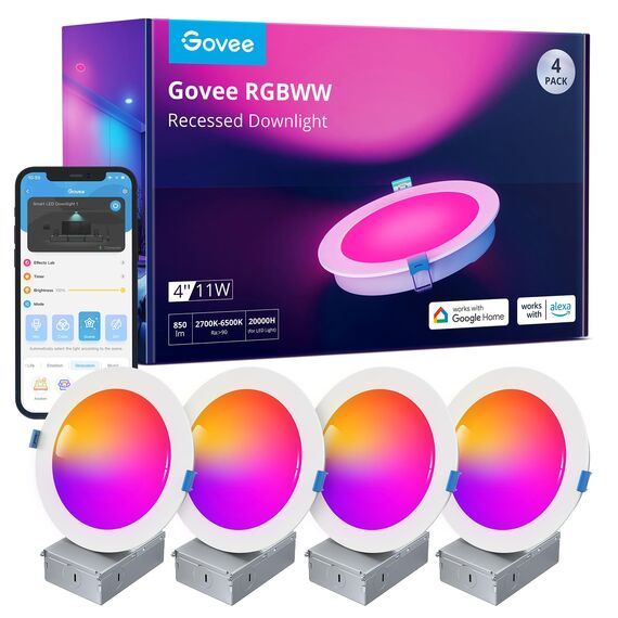 Govee Smart LED Einbaustrahler 11W, RGBWW Einbauleuchten 120mm Dimmbare, ultraflache Deckenspots Kompatibel mit Wifi und Alexa 850LM, Einbauspots für Badezimmer Küche Wohnzimmer, 4 Stück