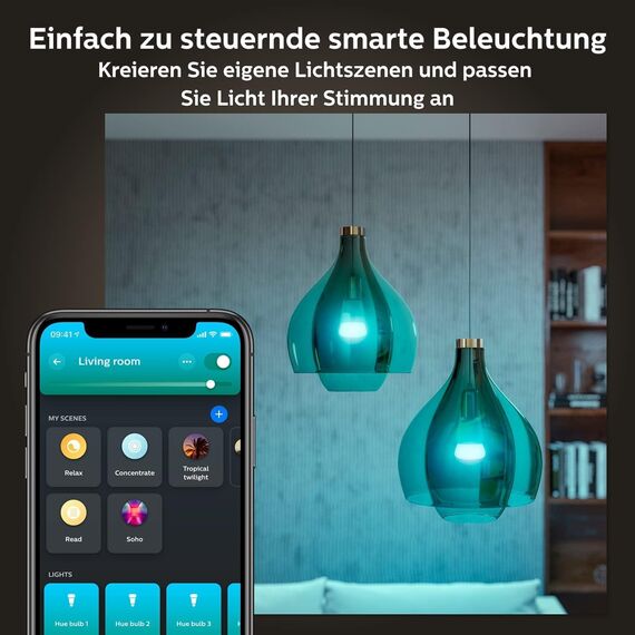 Philips Hue White & Color Ambiance Starter Set mit E27 Lampen 2-er Pack (1100), Smart Button + Hue Bridge, 16 Mio. Farben per Sprache und App steuerbar