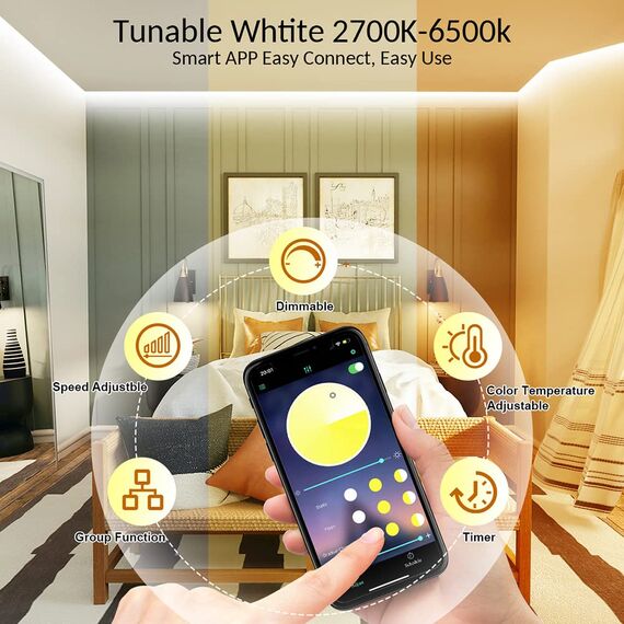 Led Strip 20m, Streifen 2700K-6500K 12V Lichtband Kaltweiß Warmweiß Flexibel DIY, Smart Selbstklebend Mit Fernbedienung und APP, Dimmbar, für Küche, Party, Schlafzimmer