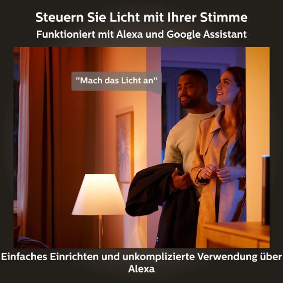 Philips Hue White Starter Set mit E27 Lampen 2er Set (1.055 lm), Smart Button+ Hue Bridge, LED Lampen mit warmweißem Licht über Hue Lichtsystem per Sprache und App steuerbar