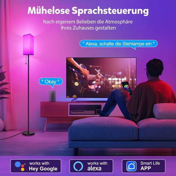 HANDSONIC RGBCW WIFI Stehlampe Wohnzimmer,9W E27 Smart LED Stehlampe,2700K-6500K Dimmbar stehlampe,Stehleuchte mit APP,Arbeiten Sie mit Alexa & Google Assistant,DIY-Modus,Musikmodus & Timing-Funktion