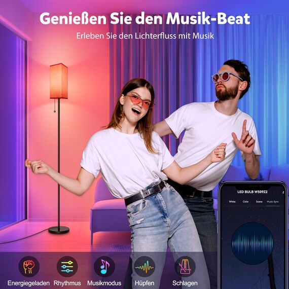 HANDSONIC RGBCW WIFI Stehlampe Wohnzimmer,9W E27 Smart LED Stehlampe,2700K-6500K Dimmbar stehlampe,Stehleuchte mit APP,Arbeiten Sie mit Alexa & Google Assistant,DIY-Modus,Musikmodus & Timing-Funktion
