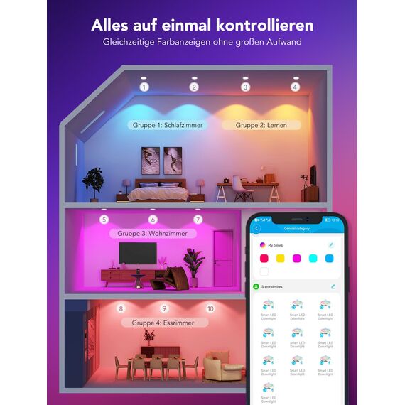 Govee Smart LED Einbaustrahler 11W, RGBWW Einbauleuchten 120mm Dimmbare, ultraflache Deckenspots Kompatibel mit Wifi und Alexa 850LM, Einbauspots für Badezimmer Küche Wohnzimmer, 4 Stück