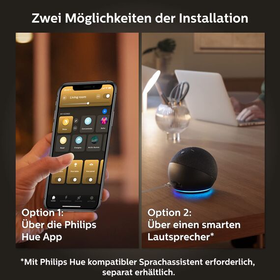 Philips Hue White Starter Set mit E27 Lampen 2er Set (1.055 lm), Smart Button+ Hue Bridge, LED Lampen mit warmweißem Licht über Hue Lichtsystem per Sprache und App steuerbar
