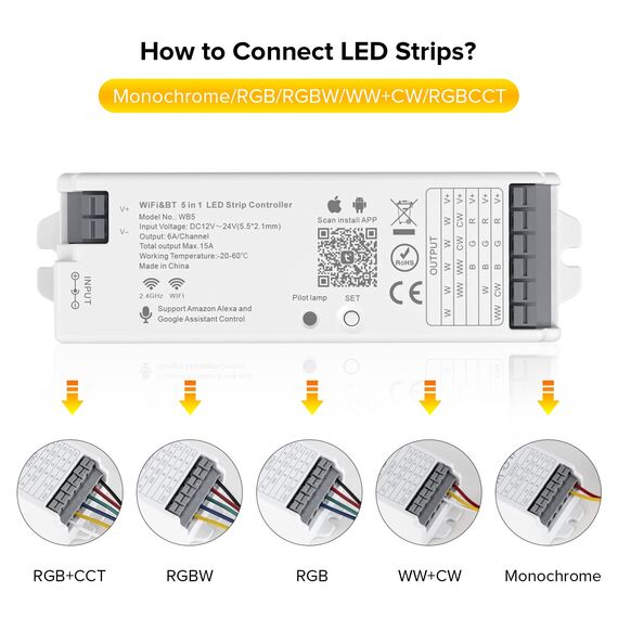 SEZO WB5 5in1 WiFi Bluetooth LED Controller Auto-Synchronisation Kompatibel mit Alexa/Google Home/Tuya Smart Life APP Steuerung für Monochrome RGB RGBCCT RGBW LED Streifen DC12-24V