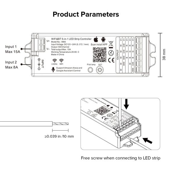 SEZO WB5 5in1 WiFi Bluetooth LED Controller Auto-Synchronisation Kompatibel mit Alexa/Google Home/Tuya Smart Life APP Steuerung für Monochrome RGB RGBCCT RGBW LED Streifen DC12-24V