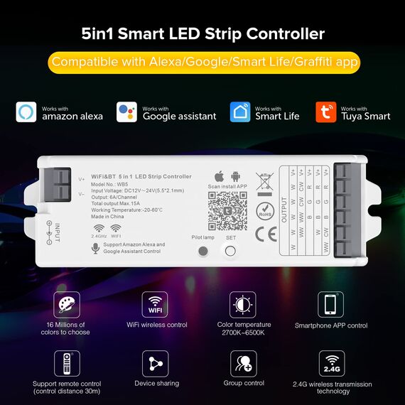 SEZO WB5 5in1 WiFi Bluetooth LED Controller Auto-Synchronisation Kompatibel mit Alexa/Google Home/Tuya Smart Life APP Steuerung für Monochrome RGB RGBCCT RGBW LED Streifen DC12-24V