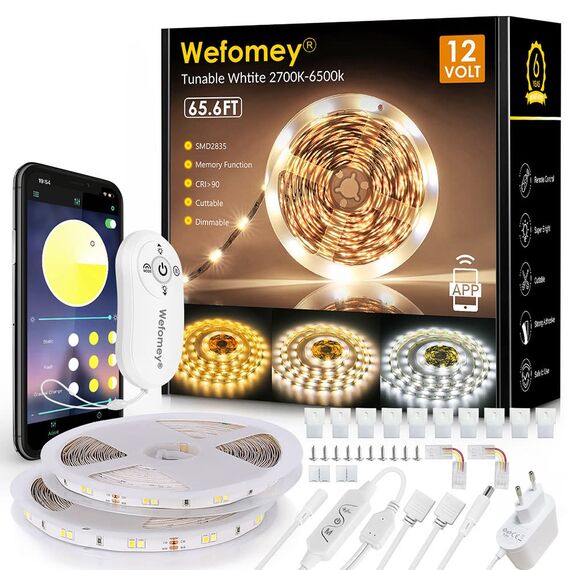 Led Strip 20m, Streifen 2700K-6500K 12V Lichtband Kaltweiß Warmweiß Flexibel DIY, Smart Selbstklebend Mit Fernbedienung und APP, Dimmbar, für Küche, Party, Schlafzimmer