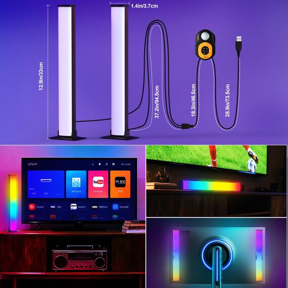 Auplf RGBIC LED Lightbar, TV Hintergrundbeleuchtung mit Bewegungsmelder USB-Anschluss, Musik Sync, APP Steuerung dimmbar für PC, Fernseher, Raumdekoration - 2PCS