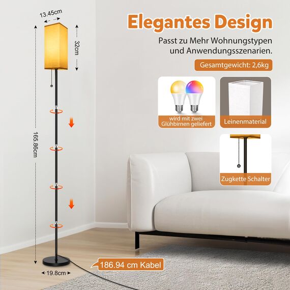 HANDSONIC RGBCW WIFI Stehlampe Wohnzimmer,9W E27 Smart LED Stehlampe,2700K-6500K Dimmbar stehlampe,Stehleuchte mit APP,Arbeiten Sie mit Alexa & Google Assistant,DIY-Modus,Musikmodus & Timing-Funktion