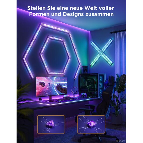 Govee x EVANGELION Glide LED Wandleuchte, Gaming Wall Light RGBIC, DIY Mecha-Stil Formen, Gaming Licht Deko für Spielzimmer, Smart Wandlampe Kompatibel mit Matter und Alexa, 6pcs und 2 Ecken